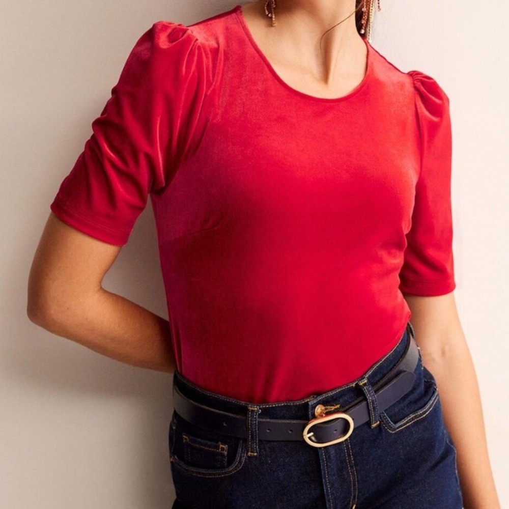 NWOT Boden Red Velvet T-Shirt with Puff Sleeves, Size 6